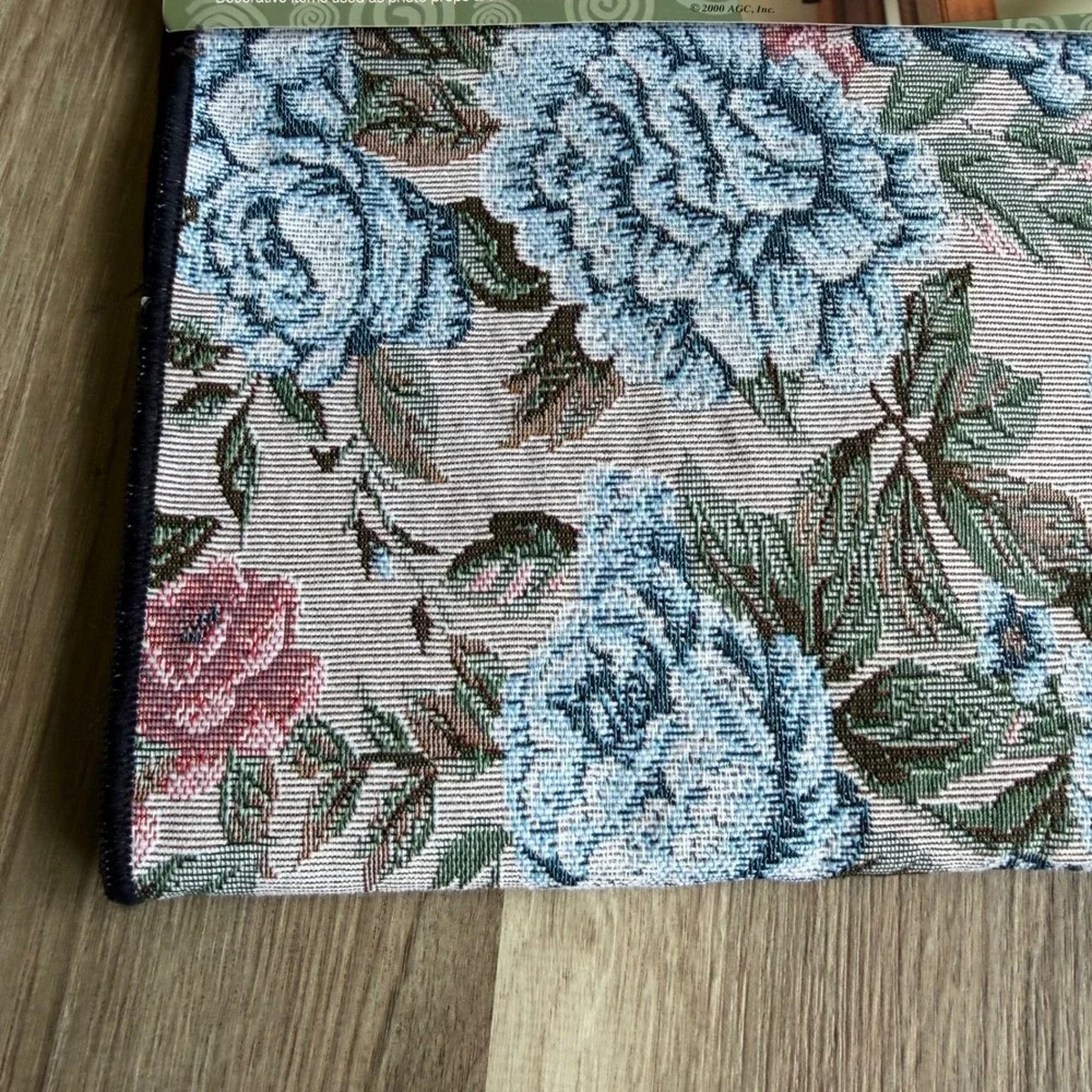 Vintage NEW Floral Medley Jacquard Woven Tapestry Table Runner 13x72 Blue